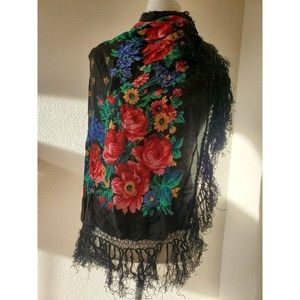 Black Floral Print Scarf Long Fringe Made In Japan 30” Square Hand Print…